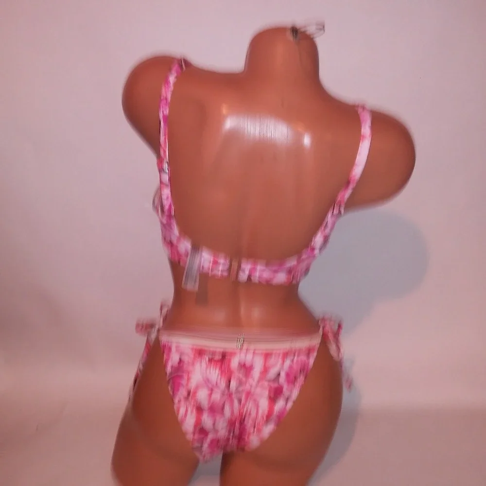 Victoria Secret Swim Bikini 34DD Top Small Cheeky Bottom Pink Floral Push Up New